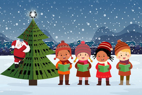 Karikatur von singenden Kindern neben einem Weihnachtsbaum im Schnee