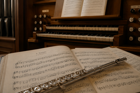 Eine Kirchenorgel im Hintergrund davor liegt ein aufgeschlagenes Notenheft darauf liegt eine silberne Querflöte