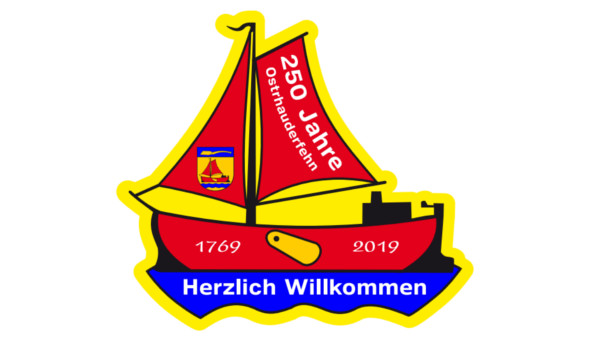 Logo der Gemeinde Ostrhauderfehn zur 250-Jahr-Feier: Rote Tjalk aus dem Gemeindewappen