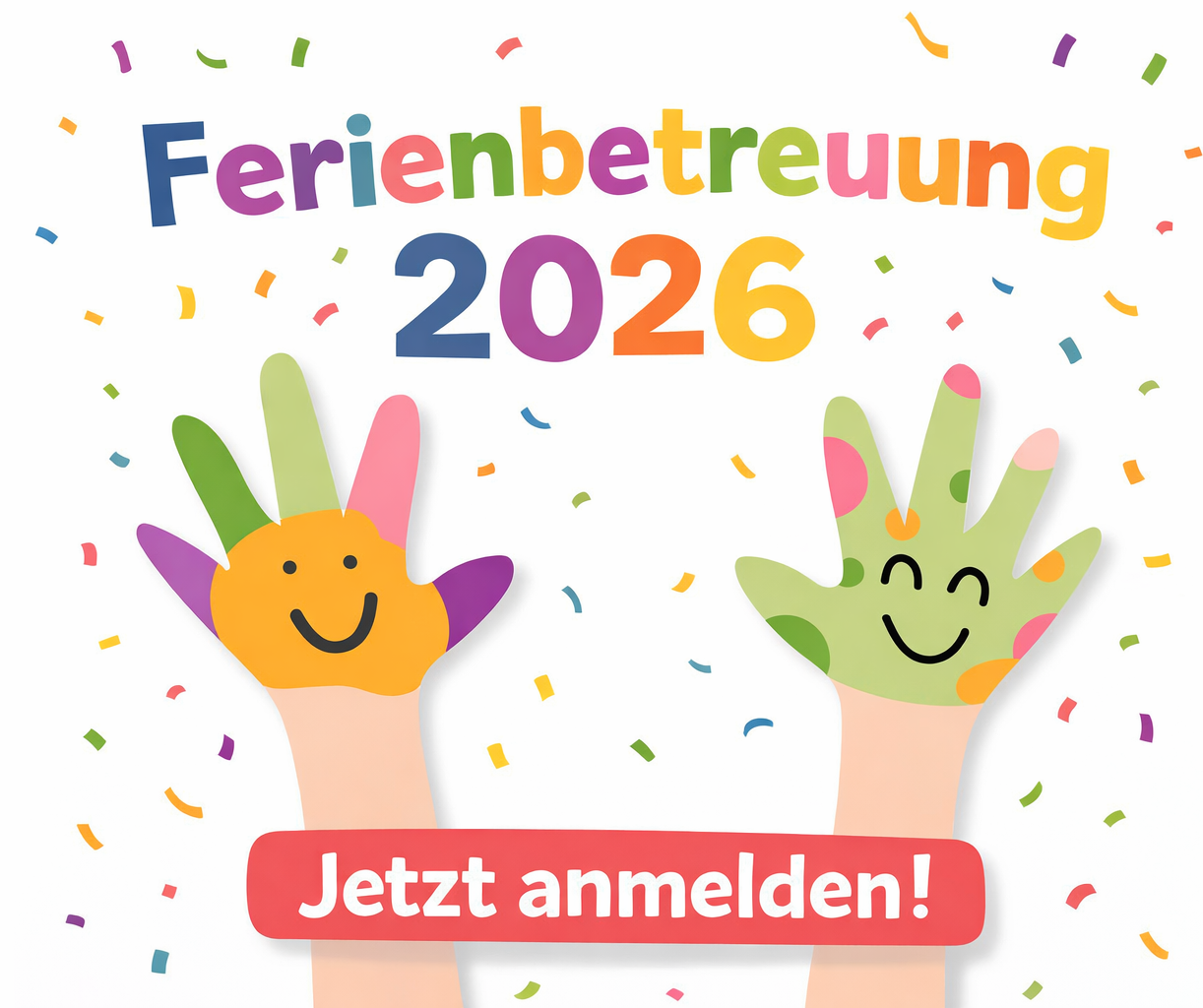 Plakat mit bunte Händen für die Ferienbetreuung 2026